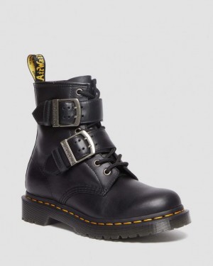 Women's Dr Martens 1460 Buckle Pull Up Leather Lace Up Boots Black | Singapore_Dr69840